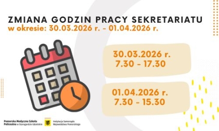 Zmiana godzin pracy sekretariatu w okresie: 30.03.2026 r. - 01.04.2026 r. 